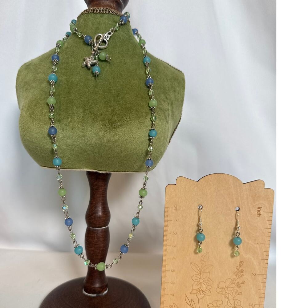 Coastal 3-Piece Jewelry Set Necklace, Bracelet & Earrings Blue & Green Starfish